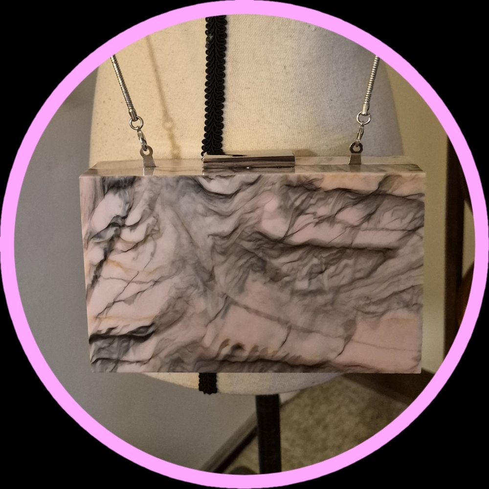 Zara Basics Large Pink TricolorHard Shell Minaudier Surveyor Marble Box Bag NWOT